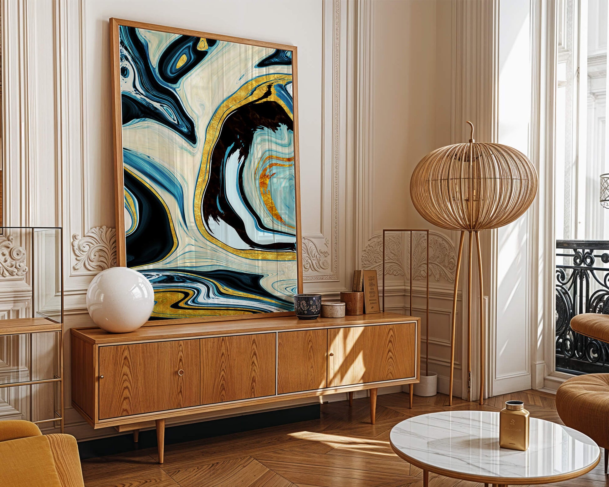 Abstract Marble Art with Gold Accents in Blue and Black Swirls