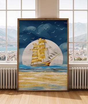 Navire à voile doré sur la mer avec des mouettes et un horizon bleu