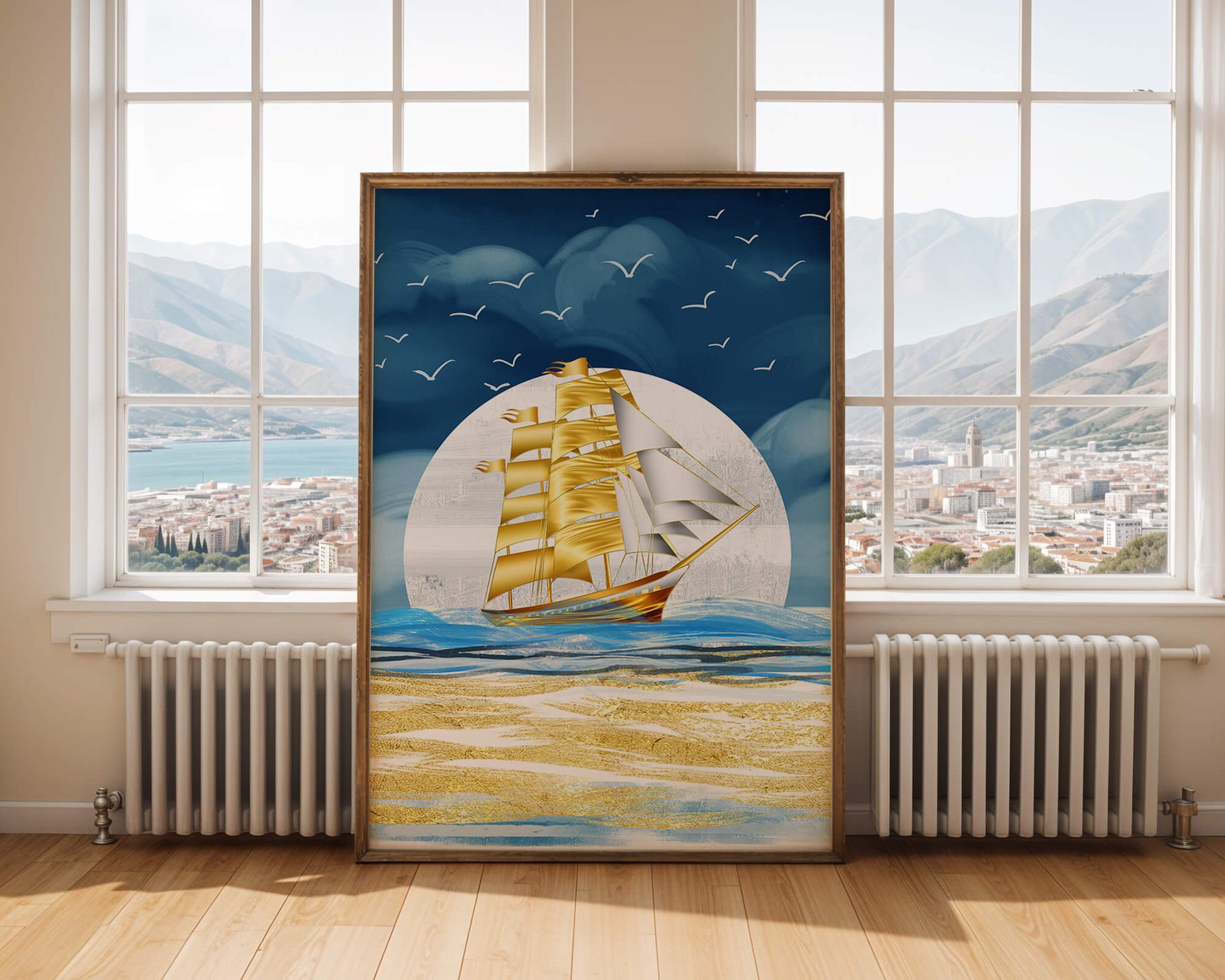 Golden Sailing Ship on the Sea with Seagulls and Blue Horizon