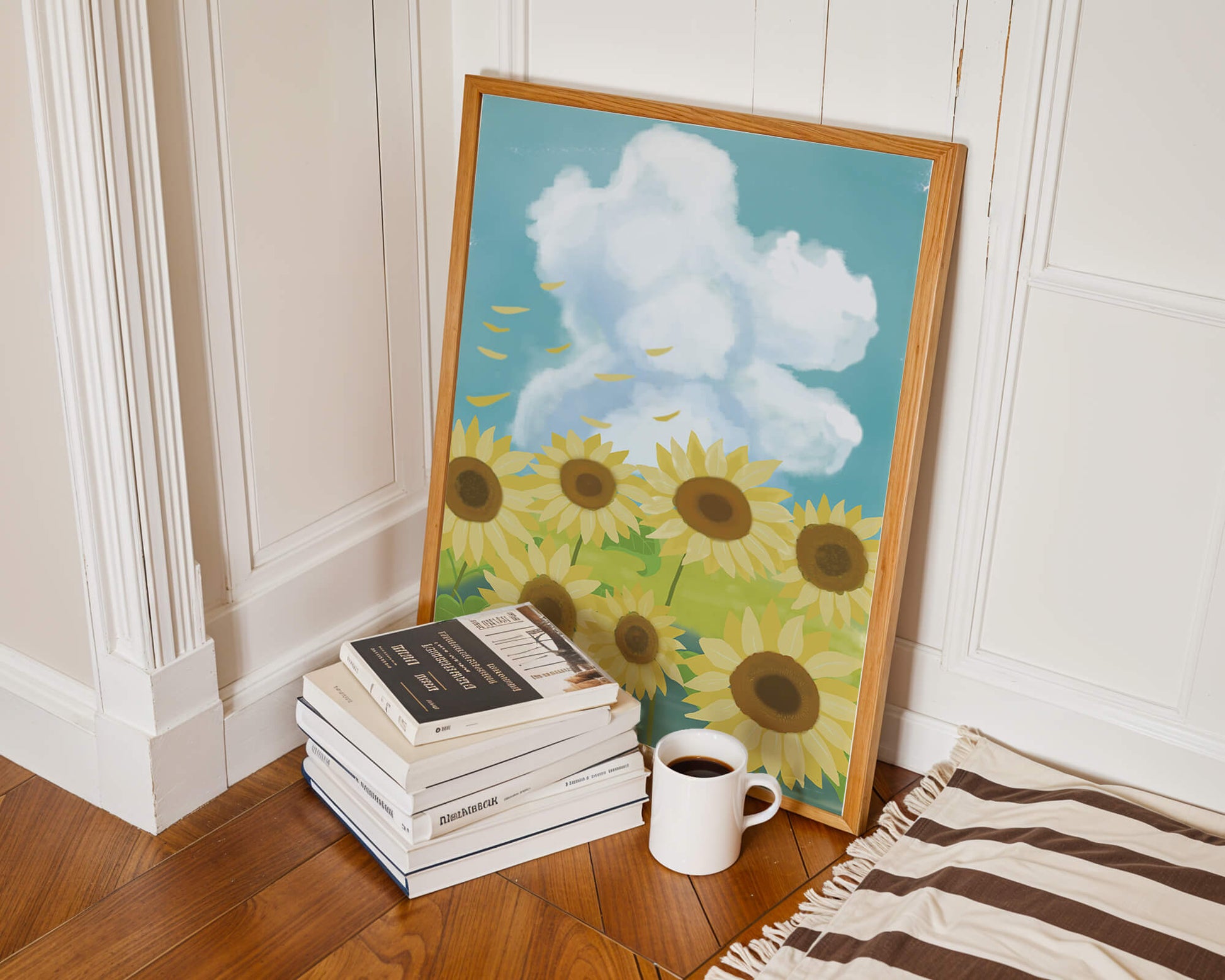 Girasoles en un prado brillante con cielo azul y nubes