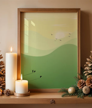 Paisaje minimalista con figuras silueteadas y aves al atardecer