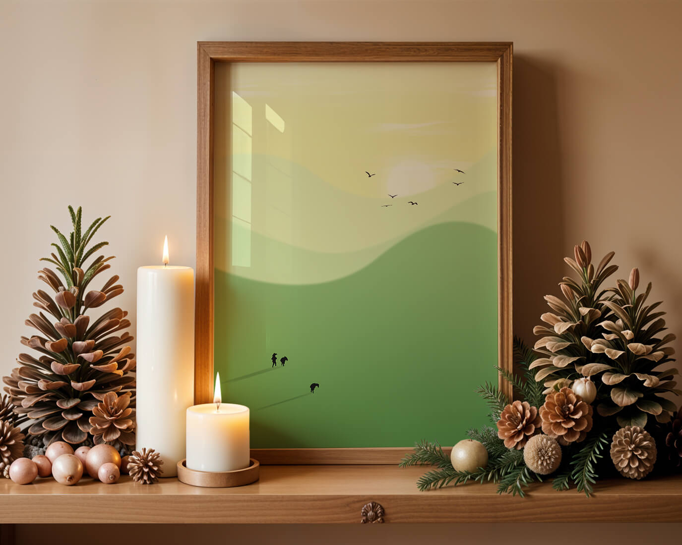 Paisaje minimalista con siluetas de personas y pájaros al atardecer