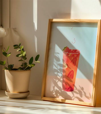 Refreshing strawberry drink with floating slices on pastel background