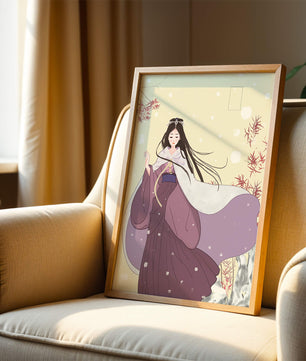 Elegant Woman in Traditional Garment with Snowflakes and Branches
