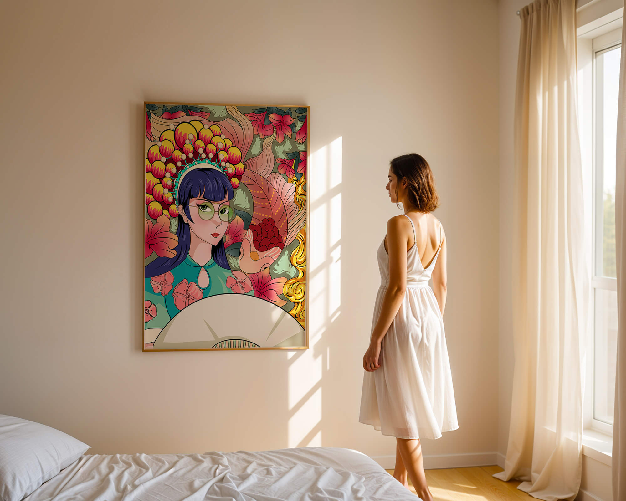 Colorful illustration of a woman with floral headdress and fish background