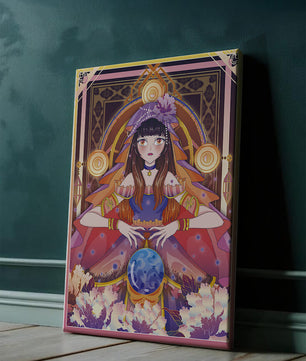 Obra de arte de fantasía con una adivina que tiene una bola de cristal y flores