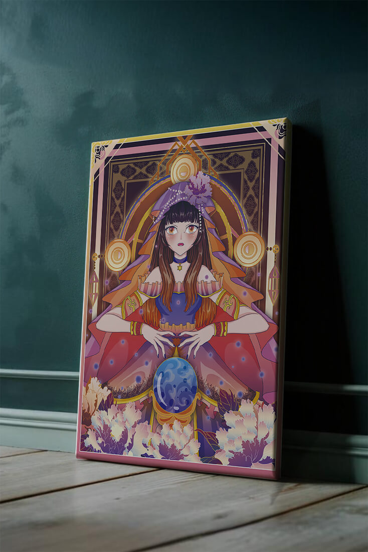Fantasy Artwork Featuring a Fortune Teller with Crystal Ball and Flowers