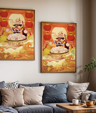 Charming festive fantasy illustration featuring lanterns and playful characters