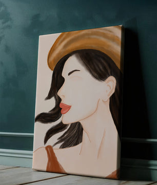 Stylized portrait of a woman in a hat with flowing hair