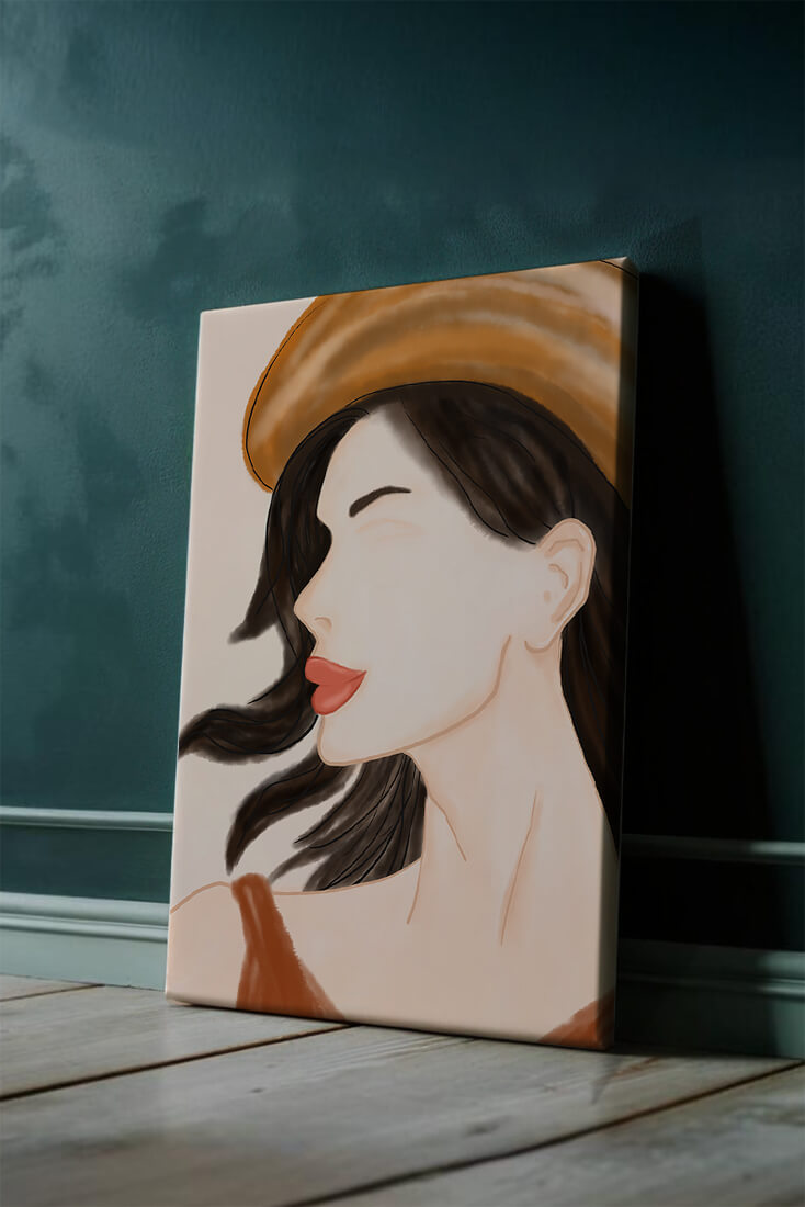 Stylized portrait of a woman in a hat with flowing hair