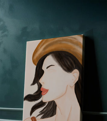 Stylized portrait of a woman in a hat with flowing hair