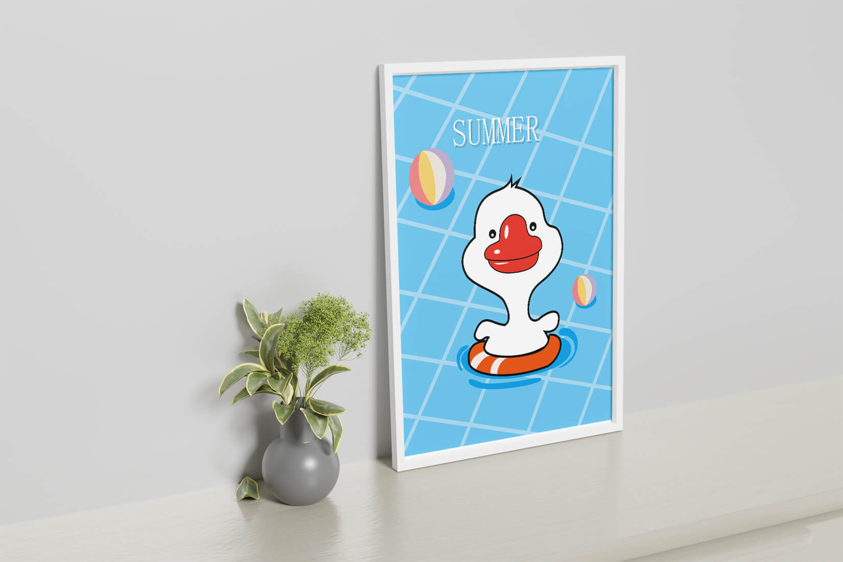 Cartoon duck swimming in a pool with summer beach elements