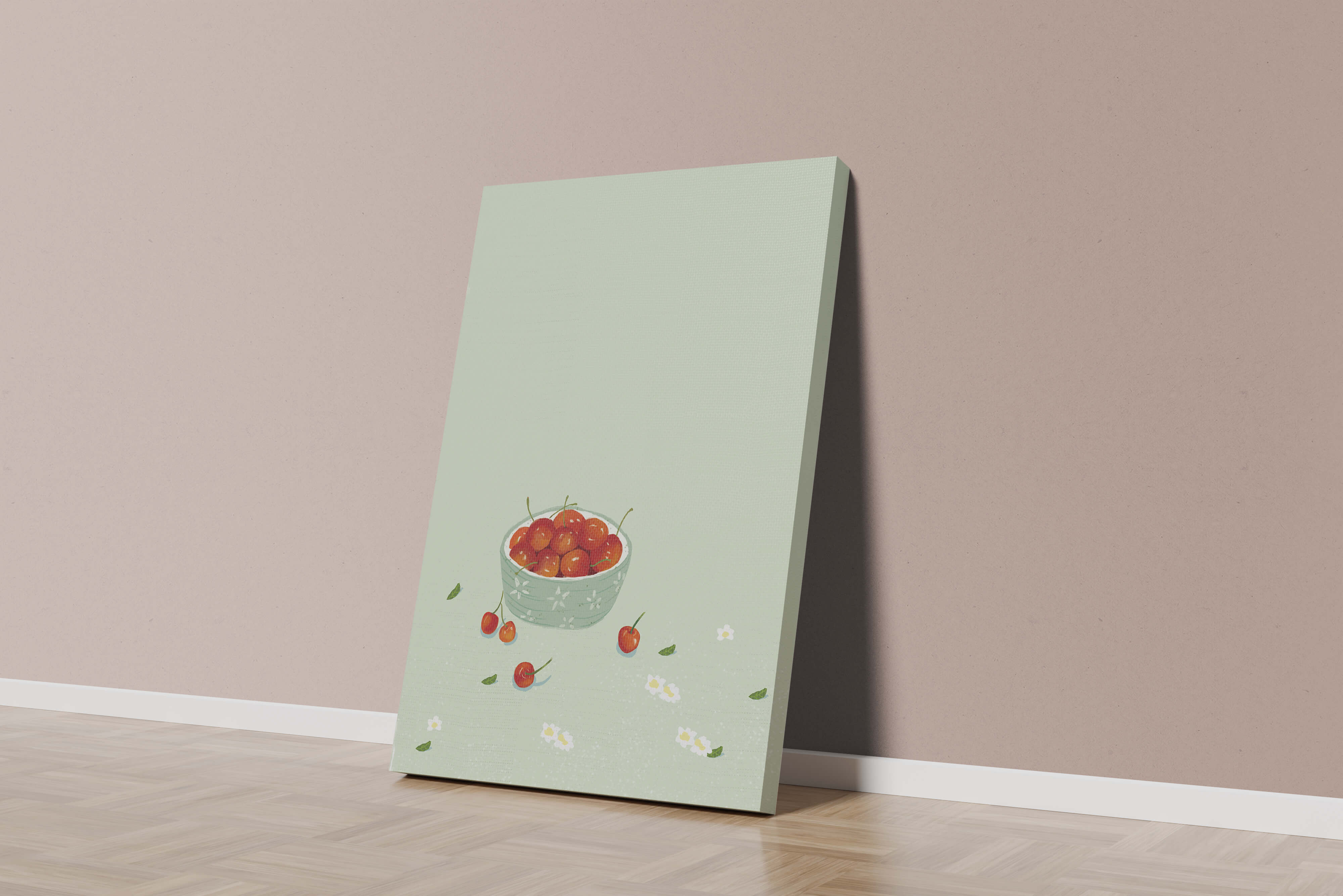 Cherries in a decorative bowl with floral accents on a soft green background