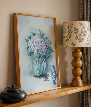 Aquarell Hortensien in einer Glasvase mit chinesischen Schriftzeichen