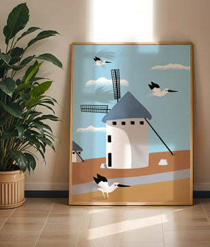Windmill Landscape with Birds in a Minimalist Style