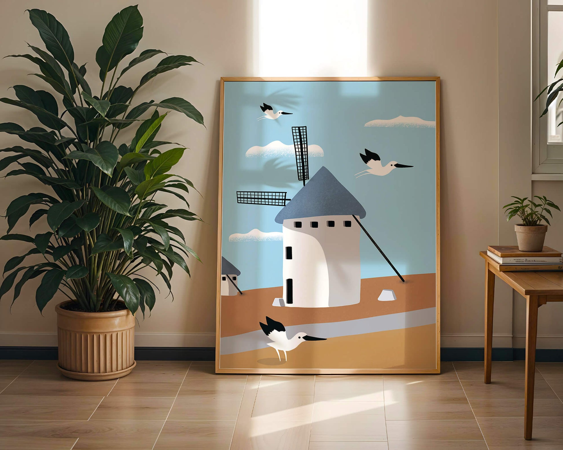 Paisaje de molino de viento con pájaros en estilo minimalista