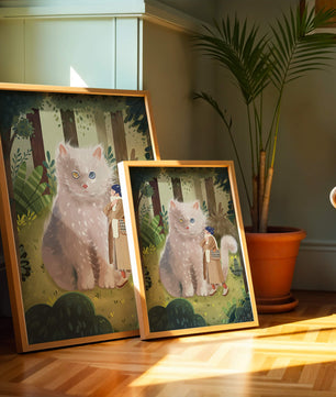 Verzauberter Wald mit einer riesigen Katze und einer Frau