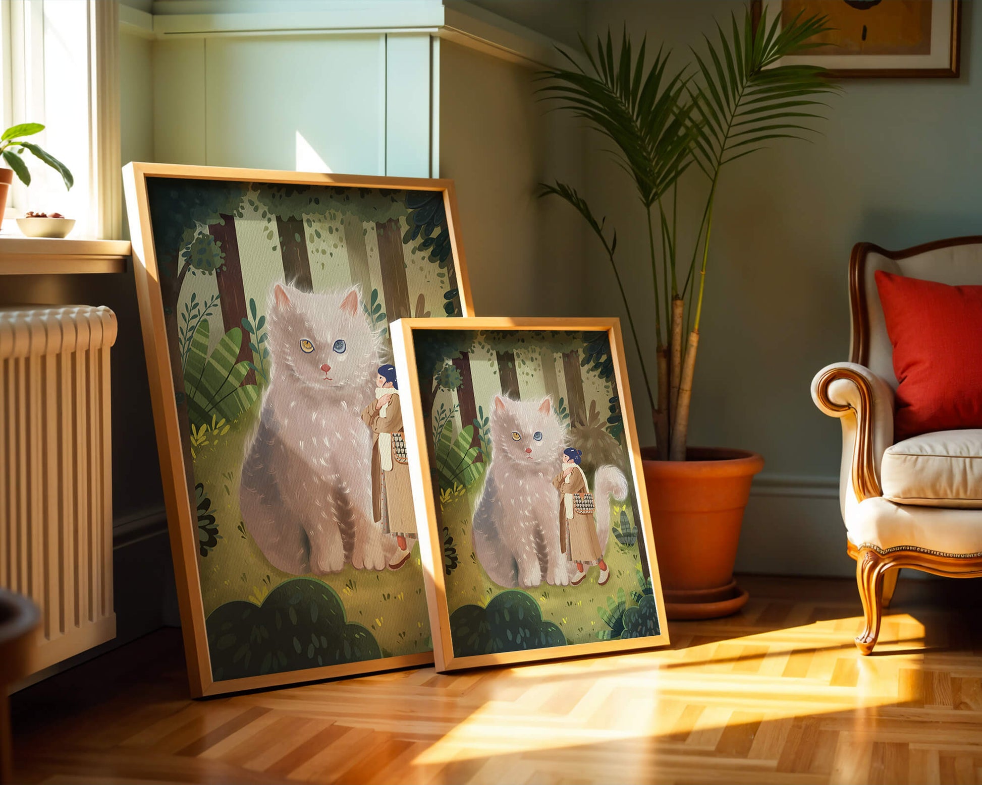 Verzauberter Wald mit einer riesigen Katze und einer Frau