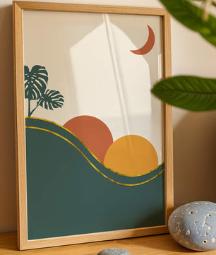 Minimalist Landscape With Mountains And Monstera Leaves At Sunset - Mi tienda