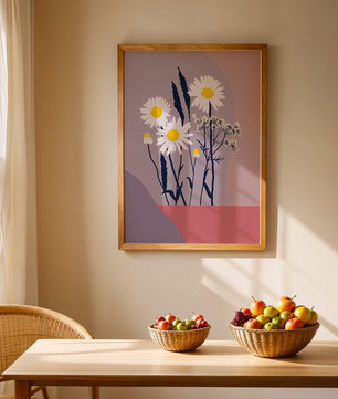 Zarte weiße Gänseblümchen mit gelben Zentren auf modernem Pastell-Hintergrund