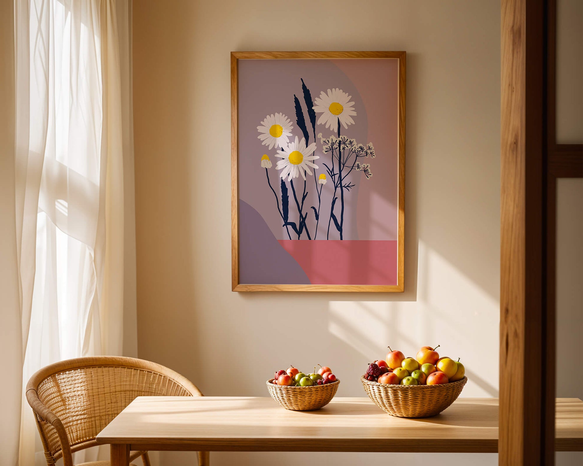 Zarte weiße Gänseblümchen mit gelben Zentren auf modernem Pastell-Hintergrund