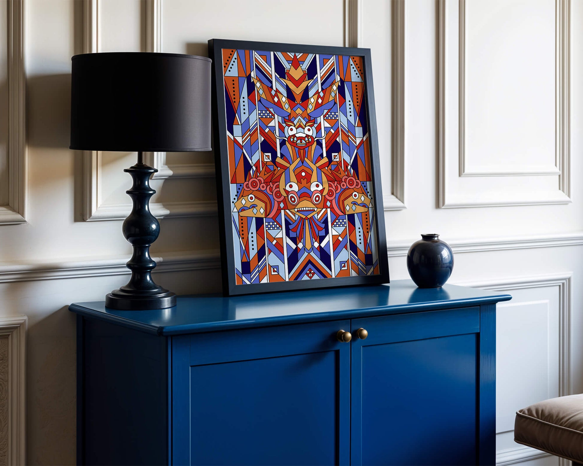 Arte tribal geométrico con colores vibrantes y patrones simétricos