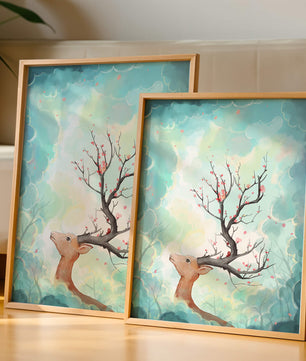 Ciervo surrealista con ramas como cuernos sobre fondo nublado en tonos pastel