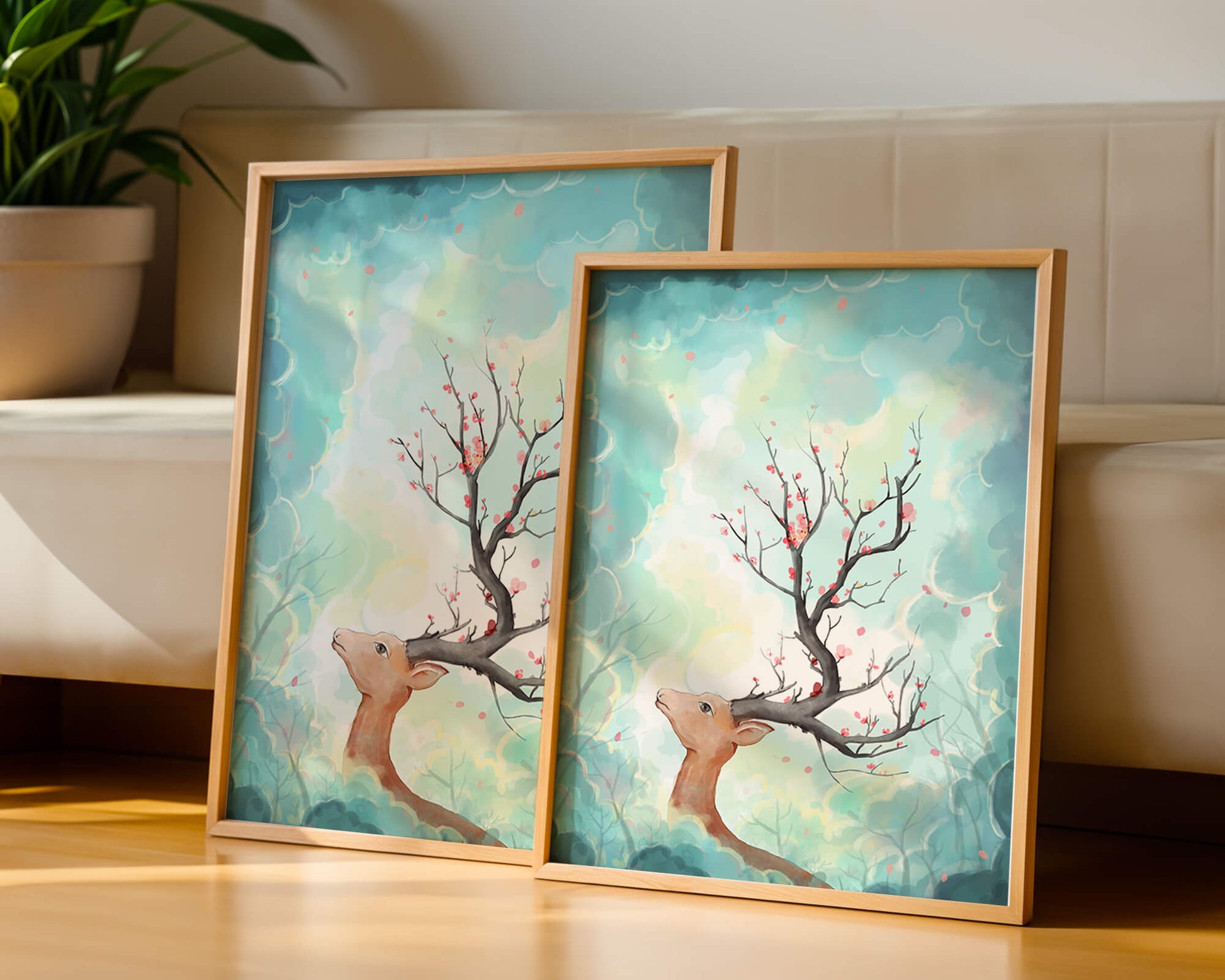 Surreal deer with branches for antlers in a pastel cloudy background