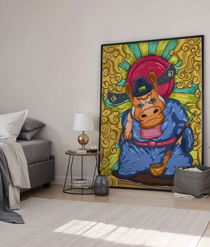 Ilustración colorida de un personaje animal caprichoso con alrededores ornamentados