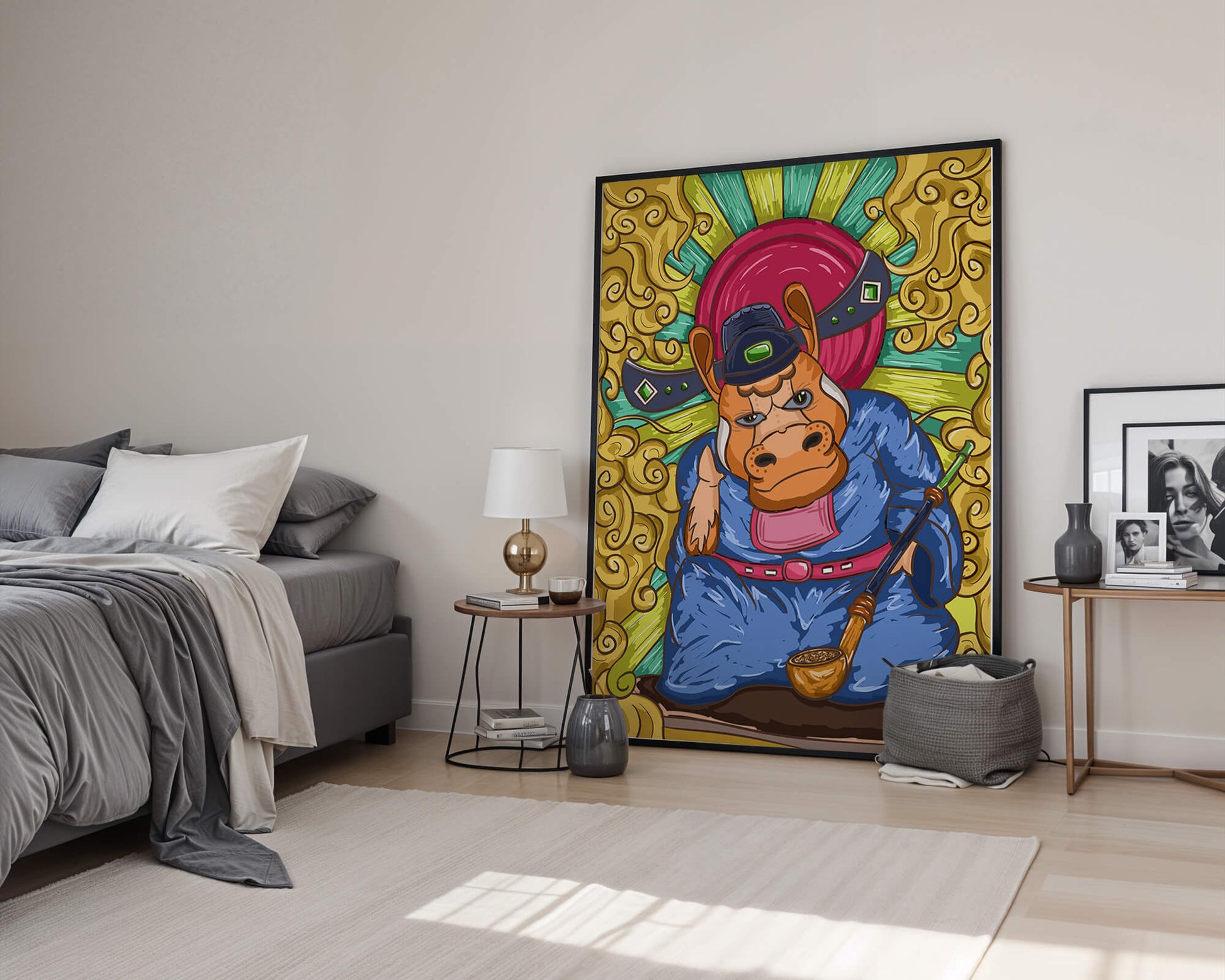 Traducción al español: Ilustración colorida de un personaje animal caprichoso con decoraciones ornamentadas a su alrededor.