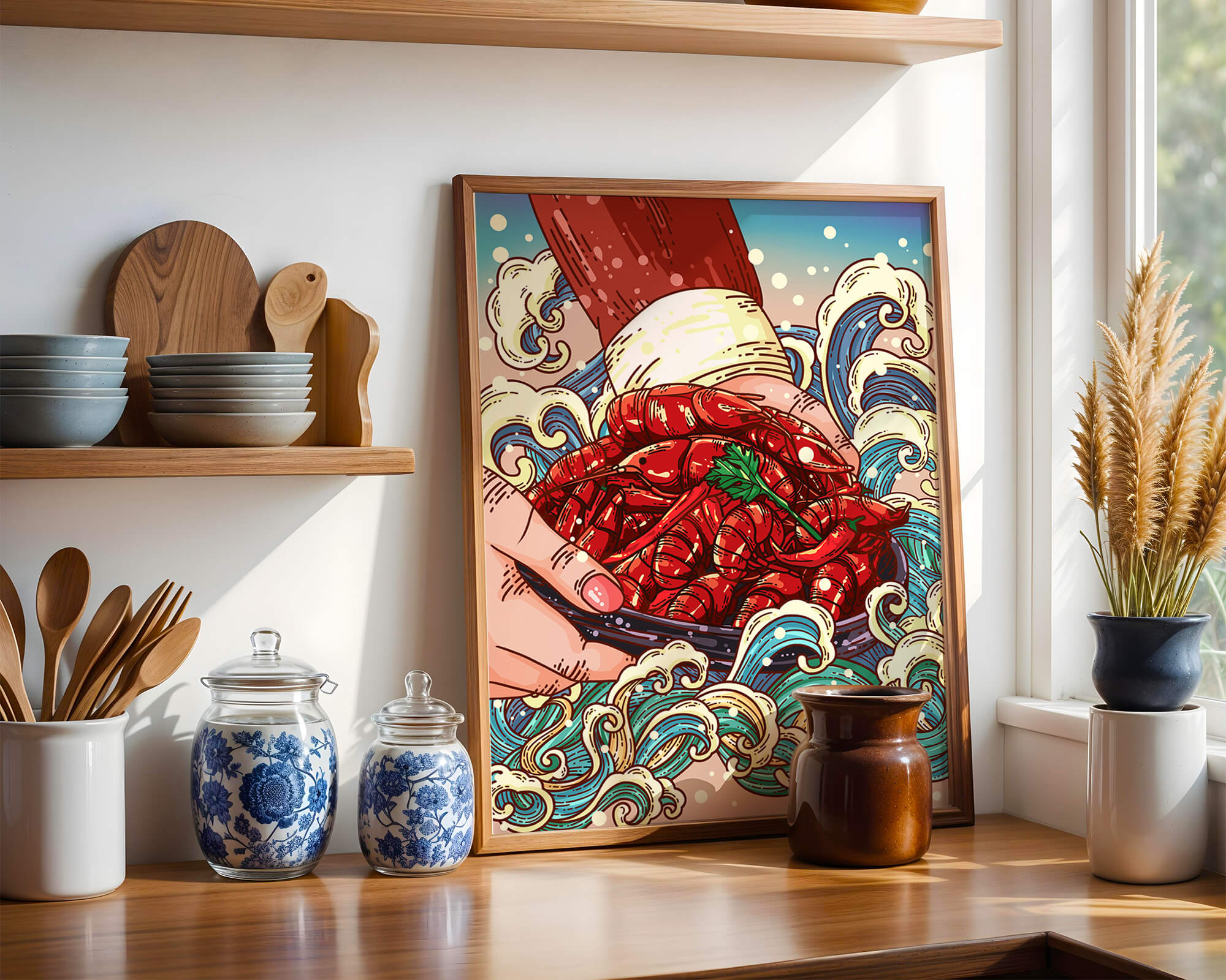 Colorful Cartoon Illustration of Hand Holding Crawfish Over Decorative Waves