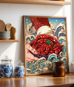 Colorful Cartoon Illustration of Hand Holding Crawfish Over Decorative Waves