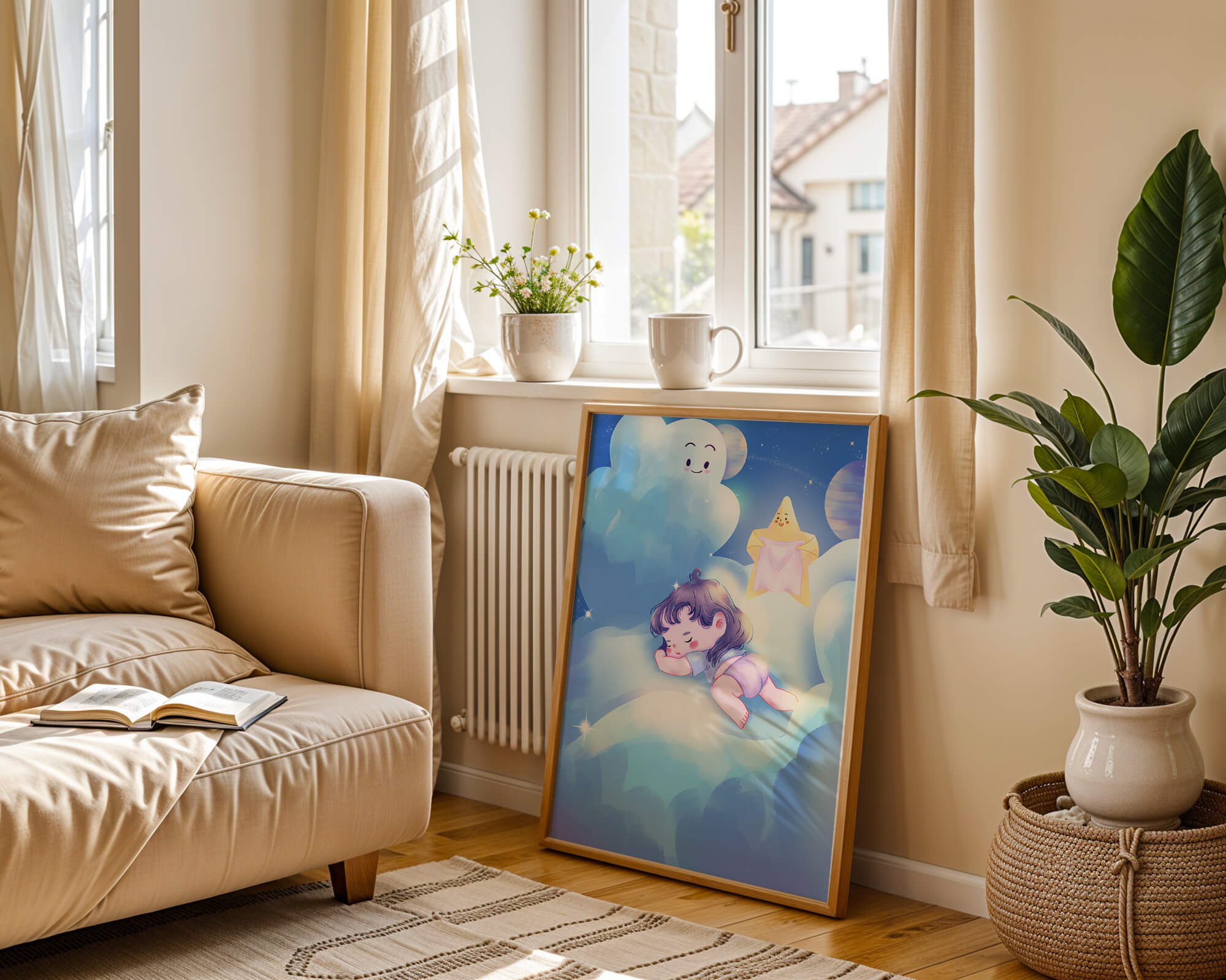 Dreamy illustration of sleeping child on clouds with smiling cloud and star