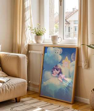 Dreamy illustration of sleeping child on clouds with smiling cloud and star