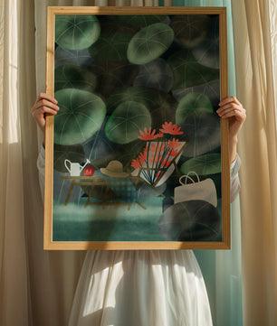 Garden Scene with Flowers, Table, and Chair in a Leafy Backdrop
