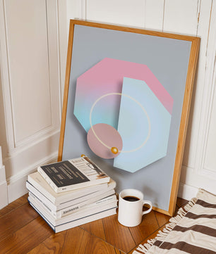 An abstract geometric art piece with pastel tones and golden accents