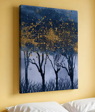 Mystical forest landscape with gold splatter art