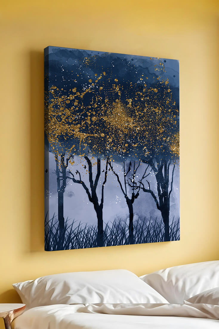 Mystical forest landscape with gold splatter art