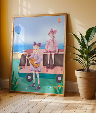 Serene beach scene with whimsical characters and hot air balloons