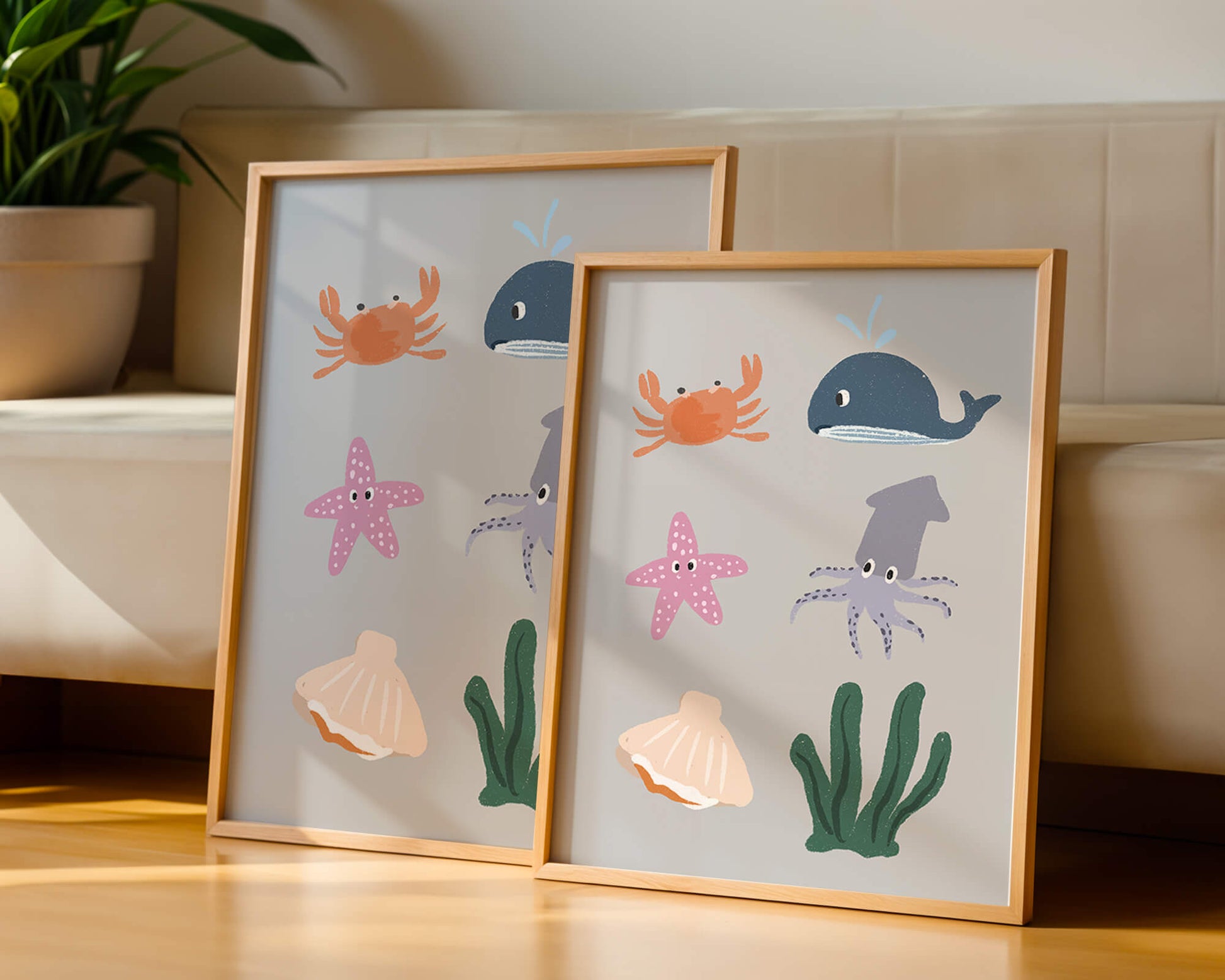 Illustration of whimsical sea creatures and marine elements on a grey background