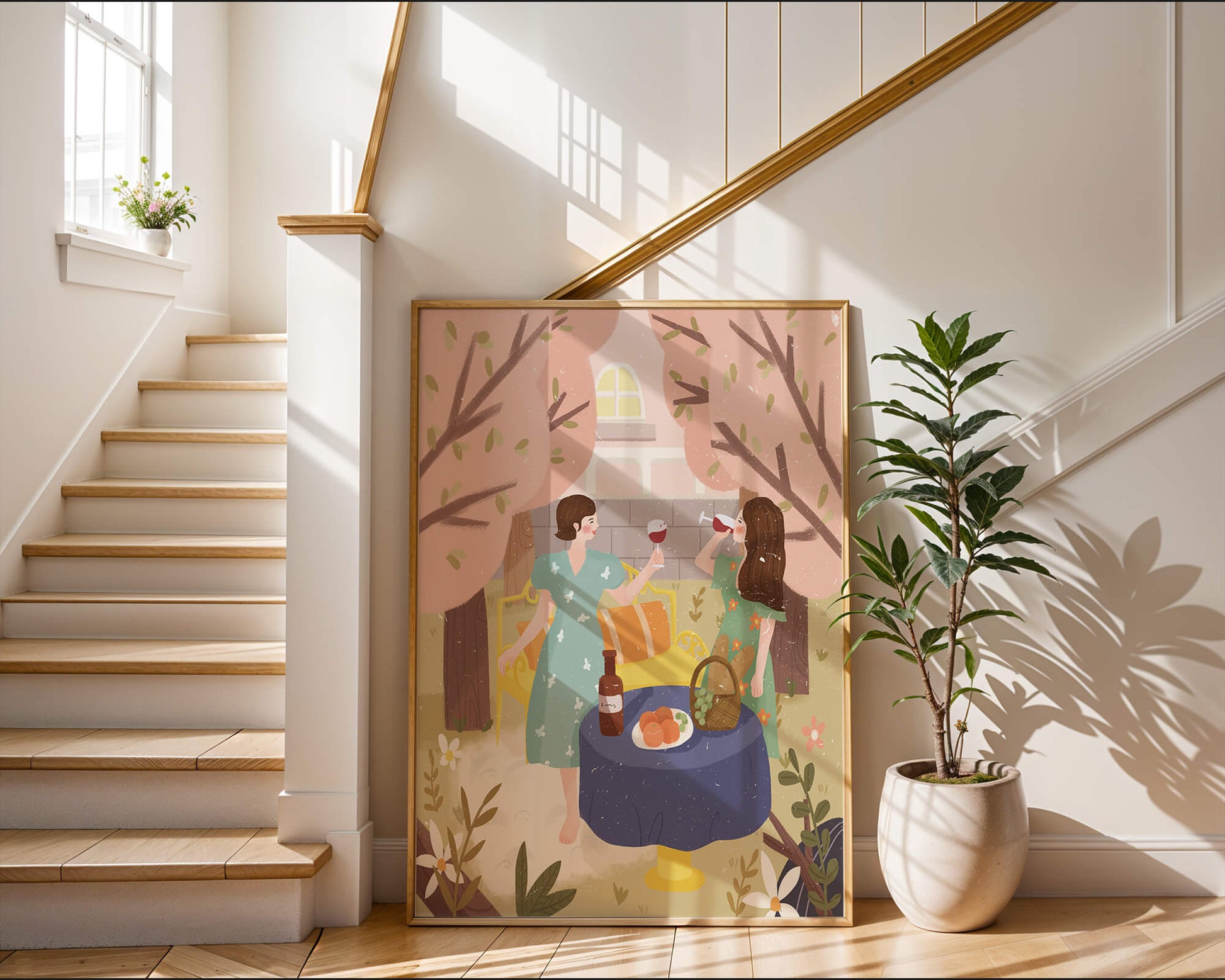 Reunión primaveral en el jardín con vino y frutas