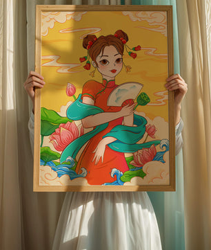 Ilustración oriental que presenta a una chica con atuendo tradicional, un abanico y flores de loto