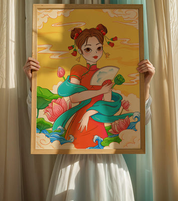 Oriental illustration featuring a girl in traditional attire with a fan and lotus flowers