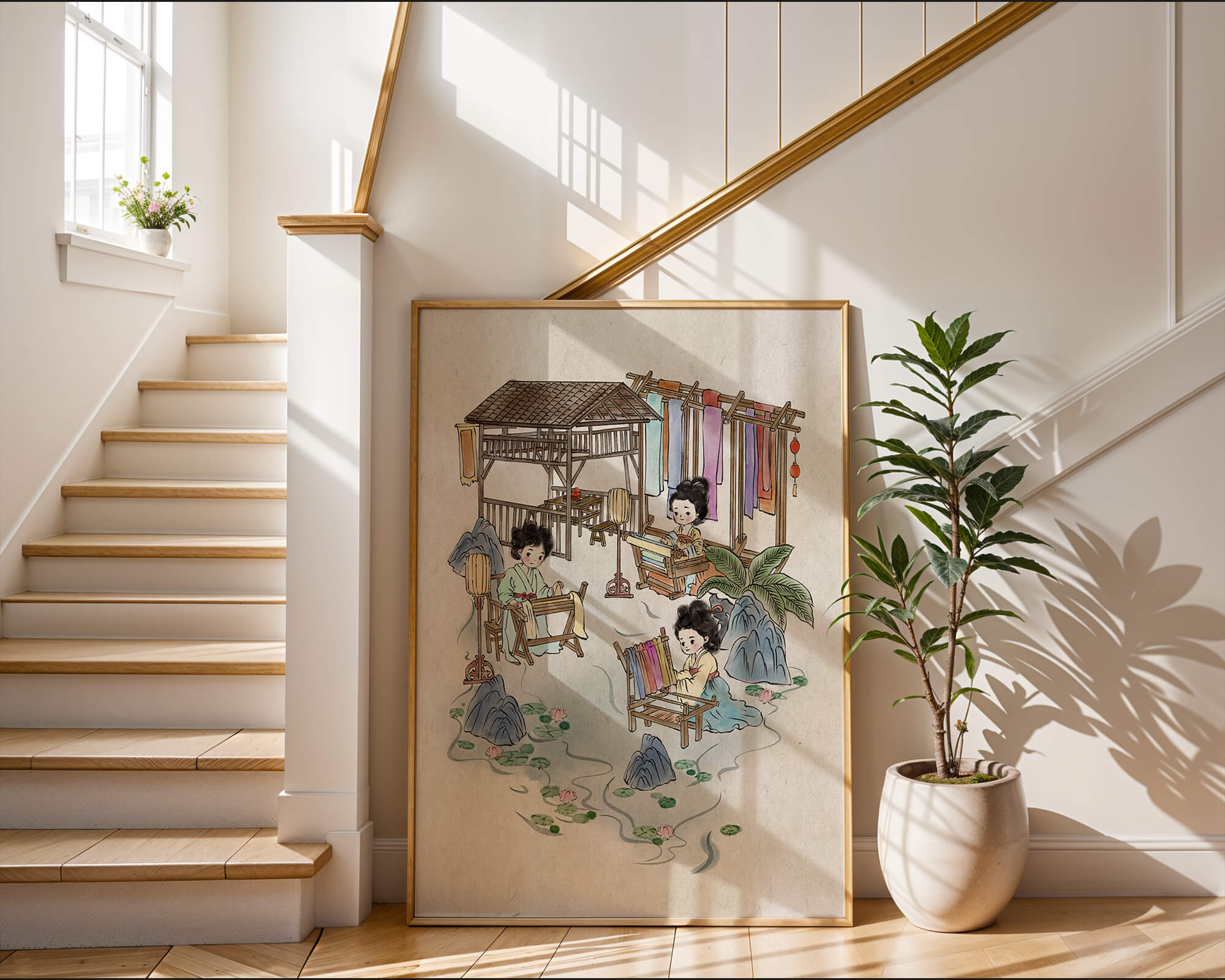 Charming illustration of traditional textile crafts in a serene setting