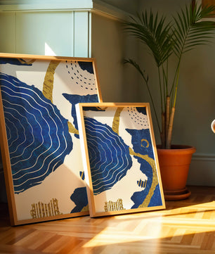 Abstract blue and gold textured artwork with wave patterns