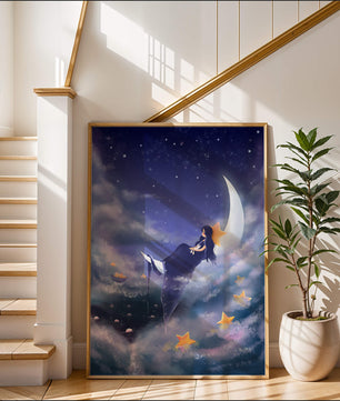 Cielo nocturno soñador con una niña sentada en una luna creciente rodeada de estrellas