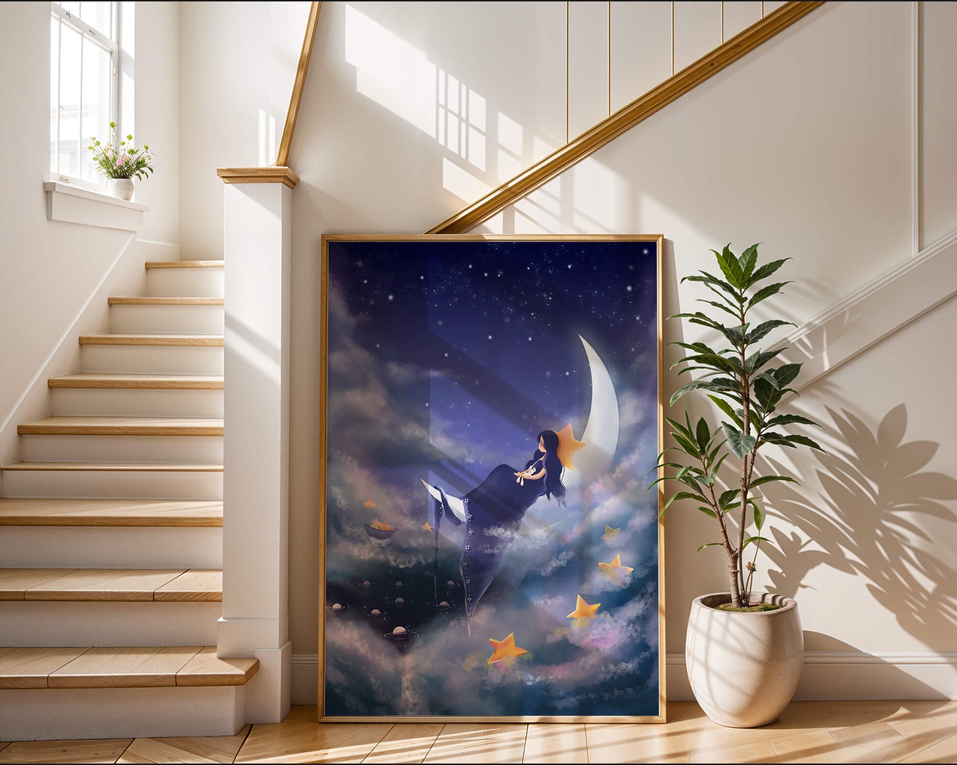 Dreamy night sky with girl sitting on crescent moon surrounded by stars
