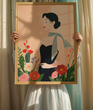 Elegant Woman with Floral Background and Scarf