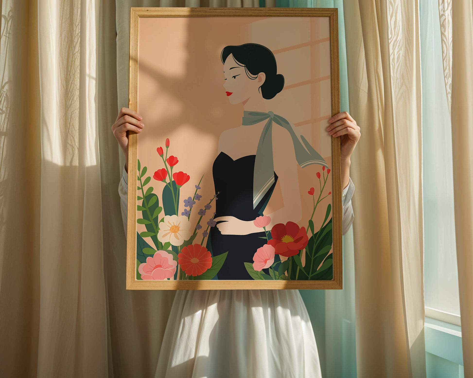 Mujer elegante con fondo floral y bufanda