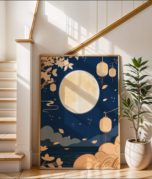 Full Moon Night with Lanterns and Falling Leaves in Tranquil Landscape